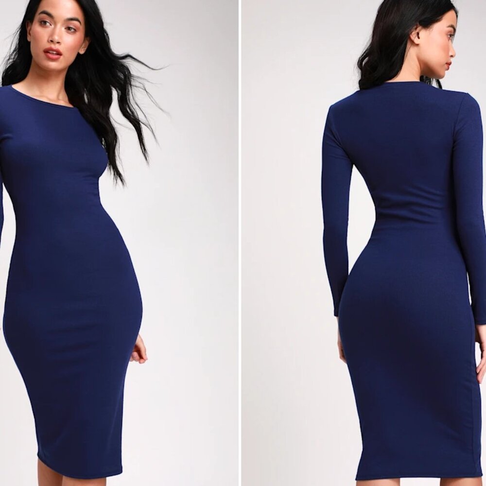 Lulus Connelly Navy Blue Ribbed Long Sleeve Bodycon Midi Dress - Picture 13 of 13